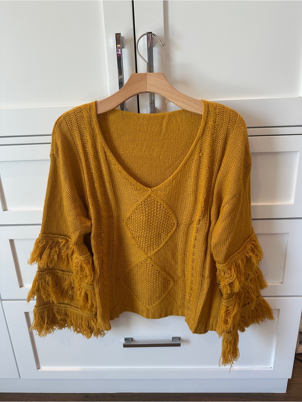 Mustard Fringe Knit V-Neck Sweater - Women
